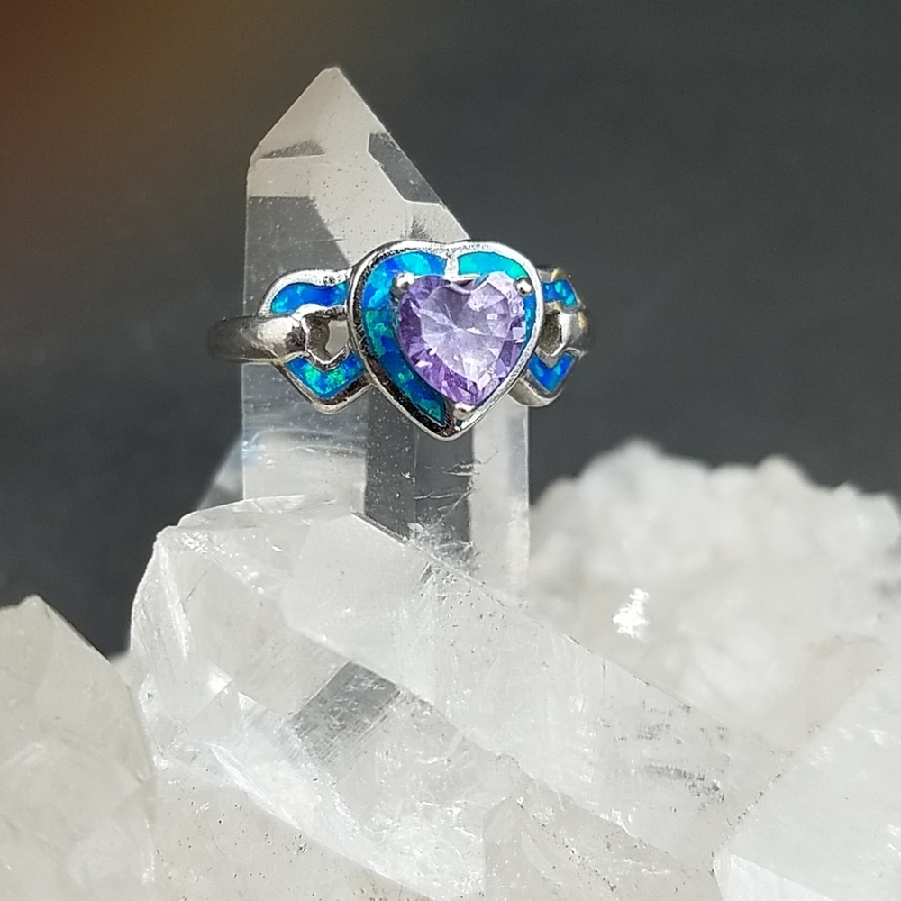 Sterling Lavender CZ Heart Lab Opal Ring
